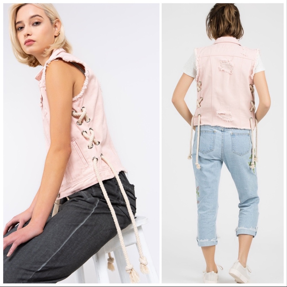 POL Petal Pink Distressed Denim Vest - Picture 4 of 10